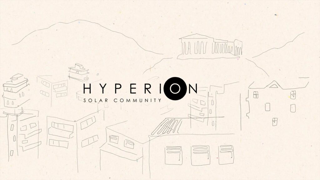 line drawn city with "Hyperion" logo in front